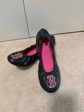 Women’s Black Ballet Flats with Pink Insole and Red Boston Red Sox Logo